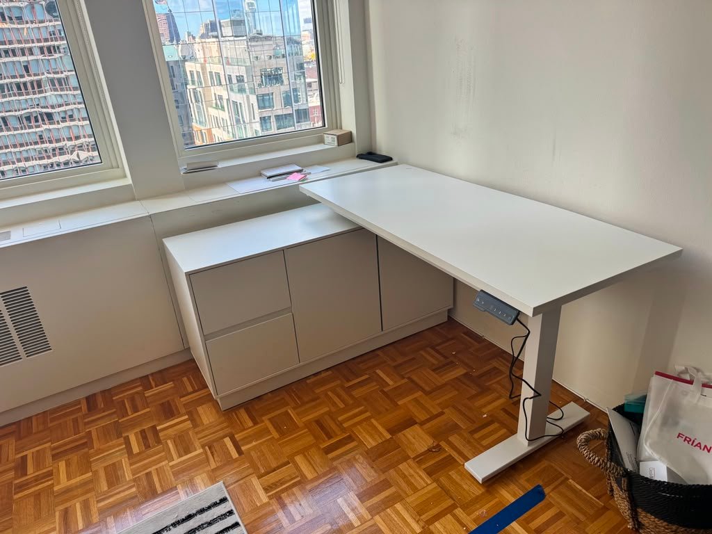 White desk and storage furniture assembly