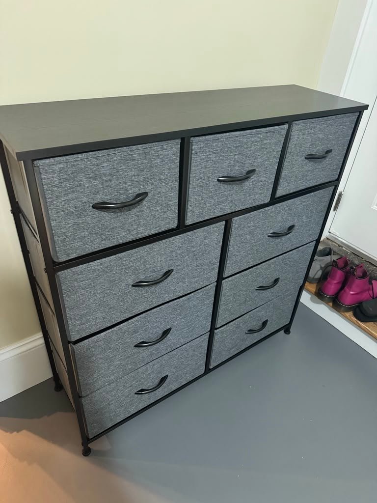 Fabric drawer dresser furniture assembly