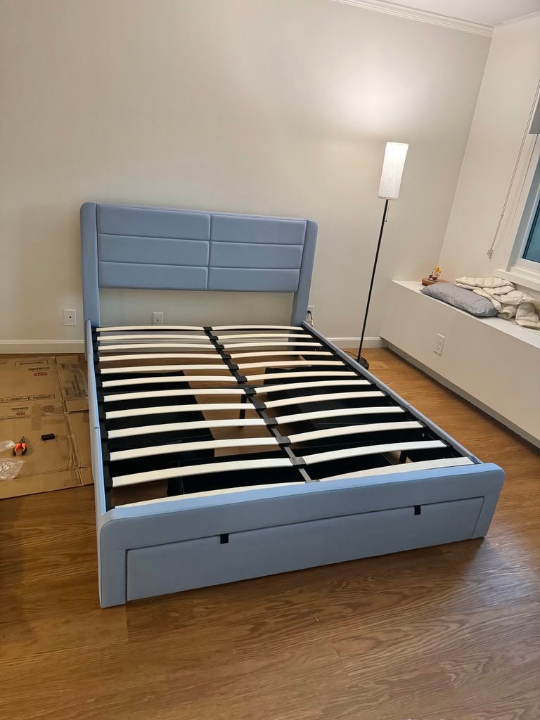 Blue upholstered bed frame furniture assembly