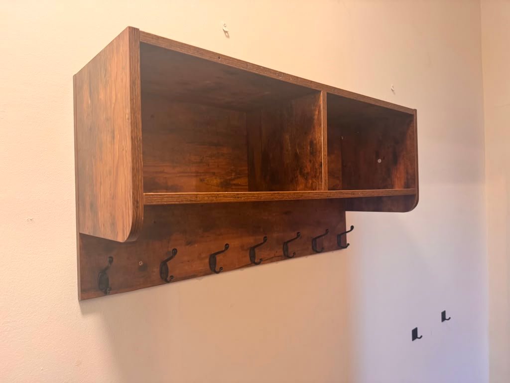 Wood wall shelf with hooks installation