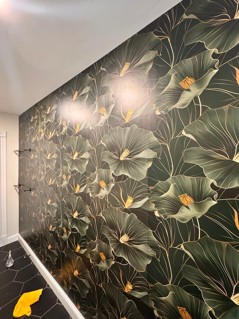 Dark floral bathroom wallpaper installation