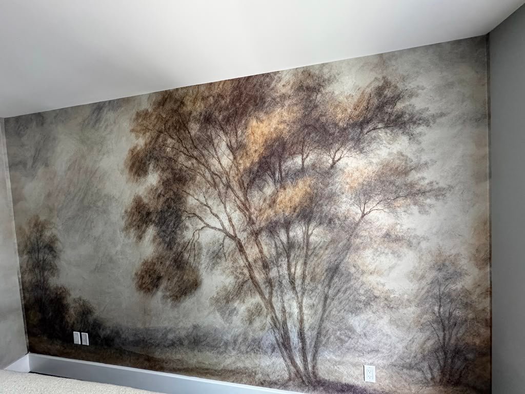 Scenic tree mural wallpaper installation