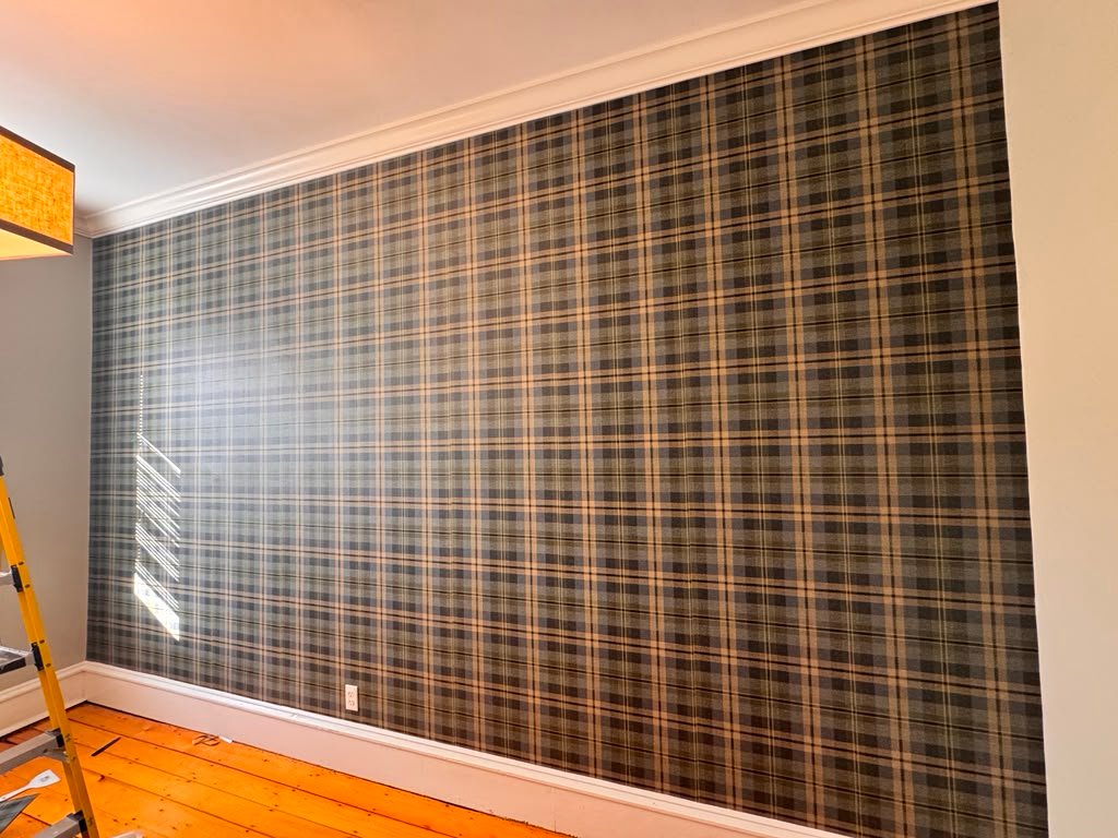 Full plaid accent wall wallpaper installation